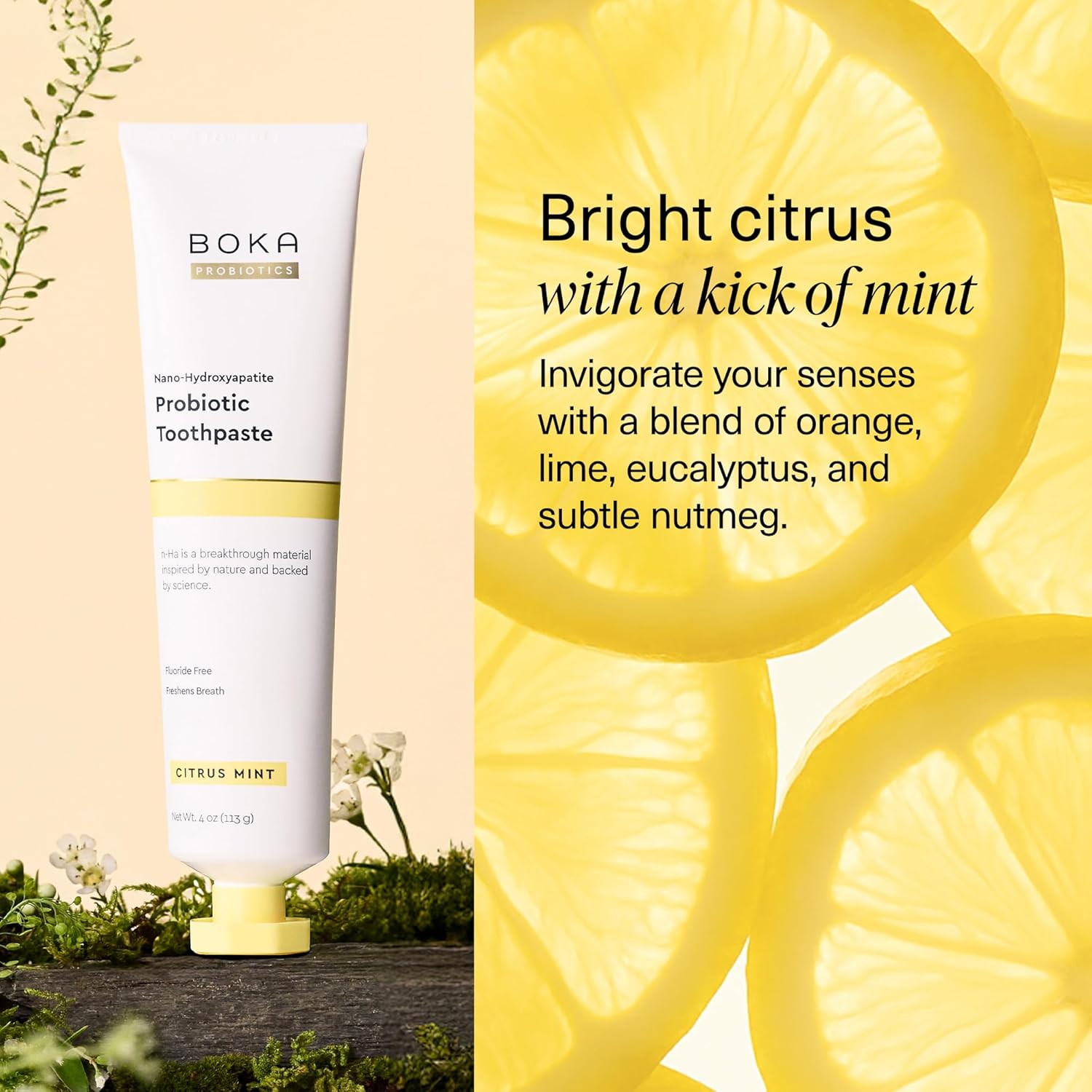 Boka Fluoride Free Toothpaste, Nano Hydroxyapatite Toothpaste, Appropriate for Sensitive Teeth - for Adult, Kids Oral Care - Probiotics - Citrus Mint, 4 Fl Oz 1Pk US Manufactured