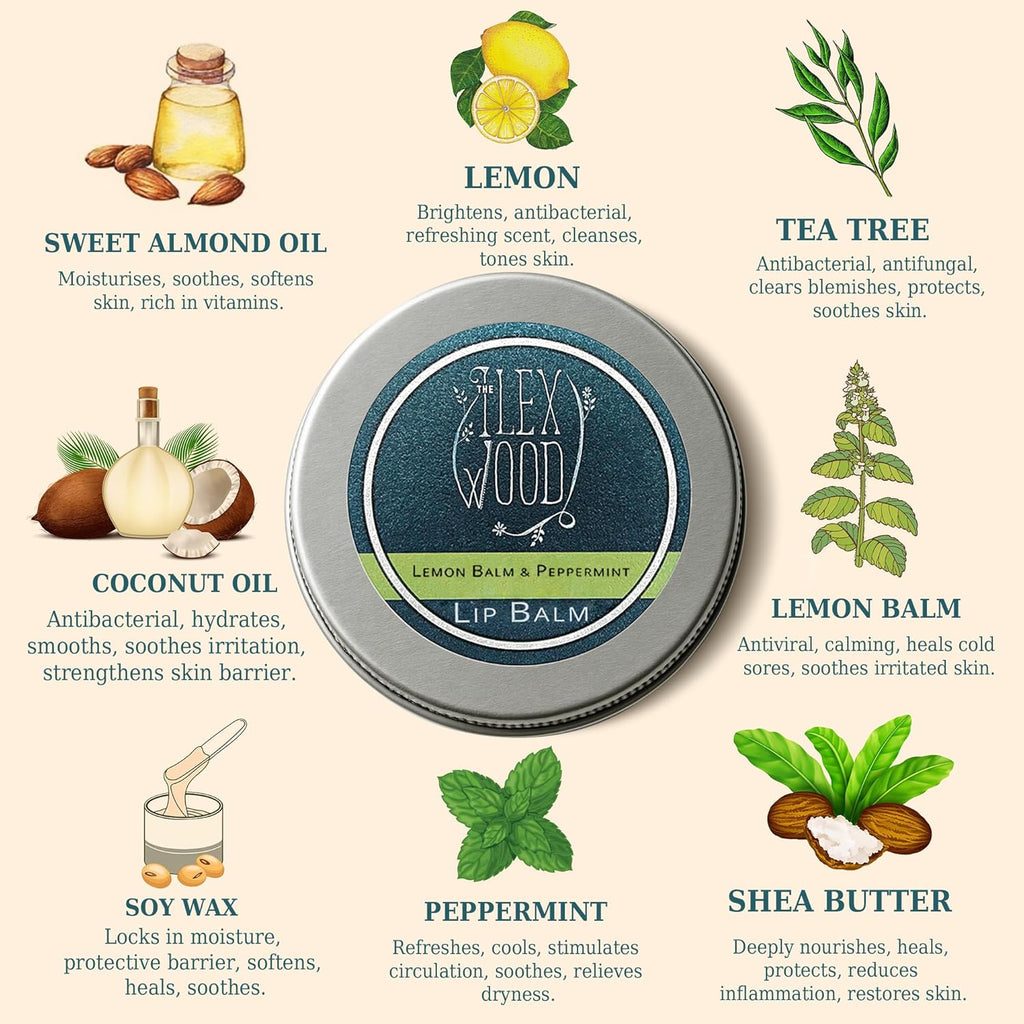 The Ilex Wood - Lip Balm Pack of 3 - Vegan Lemon Balm and Peppermint - All natural, coldsore prevention, cruelty free, plastic free, moisturising, handcrafted - 3 x 10ml (3 x 0.34 fl oz)