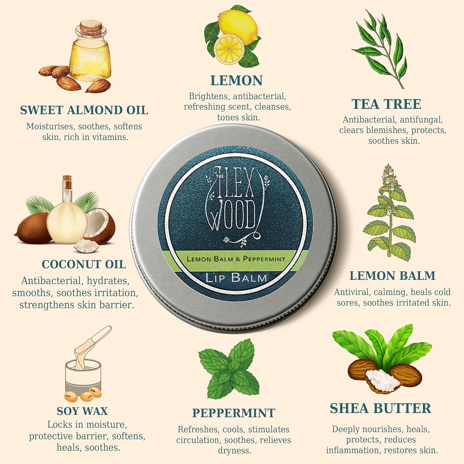 The Ilex Wood - Lip Balm Pack of 3 - Vegan Lemon Balm and Peppermint - All natural, coldsore prevention, cruelty free, plastic free, moisturising, handcrafted - 3 x 10ml (3 x 0.34 fl oz)