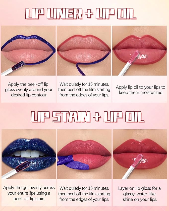 Dual Ended 2 in 1 Peel Off Lip Stain & Lips Gloss Kit, Waterproof Long Lasting Qiciy Tattoo Lip Gloss Color Peel Off Lips Liner, Tinted Liquid Lipstick, Matte & Glossy Womens Makeup-01 Fuchsia Pink