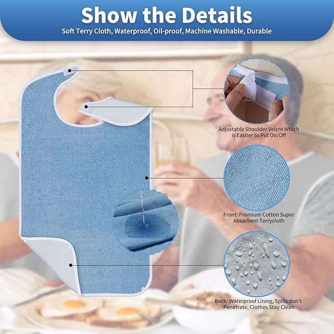 3 Pack Premium Unisex Adult Bibs for Elderly Women Men, Waterproof Bib for Eating, Adjustable and Washable (Blue)