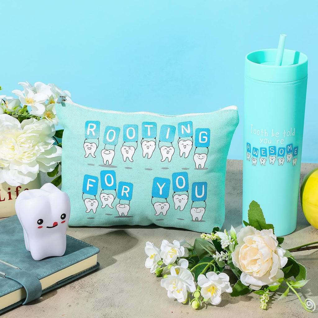 Skylety 3 Pcs Dental Hygiene Month Gifts Dental Assistant Hygienist Appreciation Gift 16oz Tumbler with Lid Cute Teeth Makeup Bag Stress Toy Employee Thank You Dentist Coworker Nurse Student(Green)