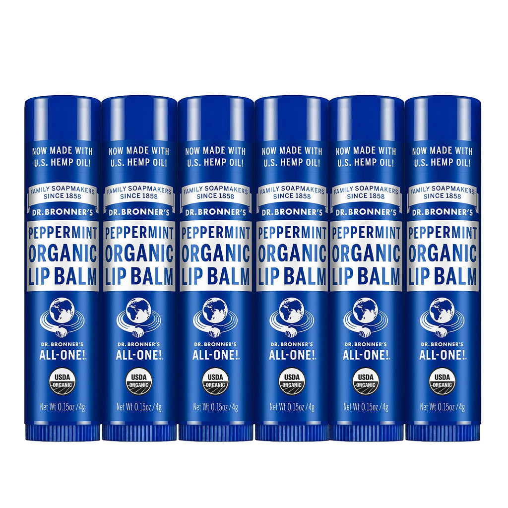Dr. Bronner's - Organic Lip Balm (Peppermint, 0.15 ounce, 6-Pack) - Made with Organic Beeswax and Avocado Oil, For Dry Lips, Hands, Chin or Cheeks, Jojoba Oil for Added Moisture, Cooling and Hydrating