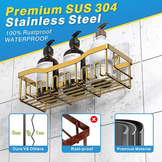 EUDELE Shower Caddy 2 Pack, Adhesive Organizer for Bathroom Storage, Home Decor & Kitchen, No Drilling, Rustproof Stainless Steel Shelf, Bathroom Decor Sets