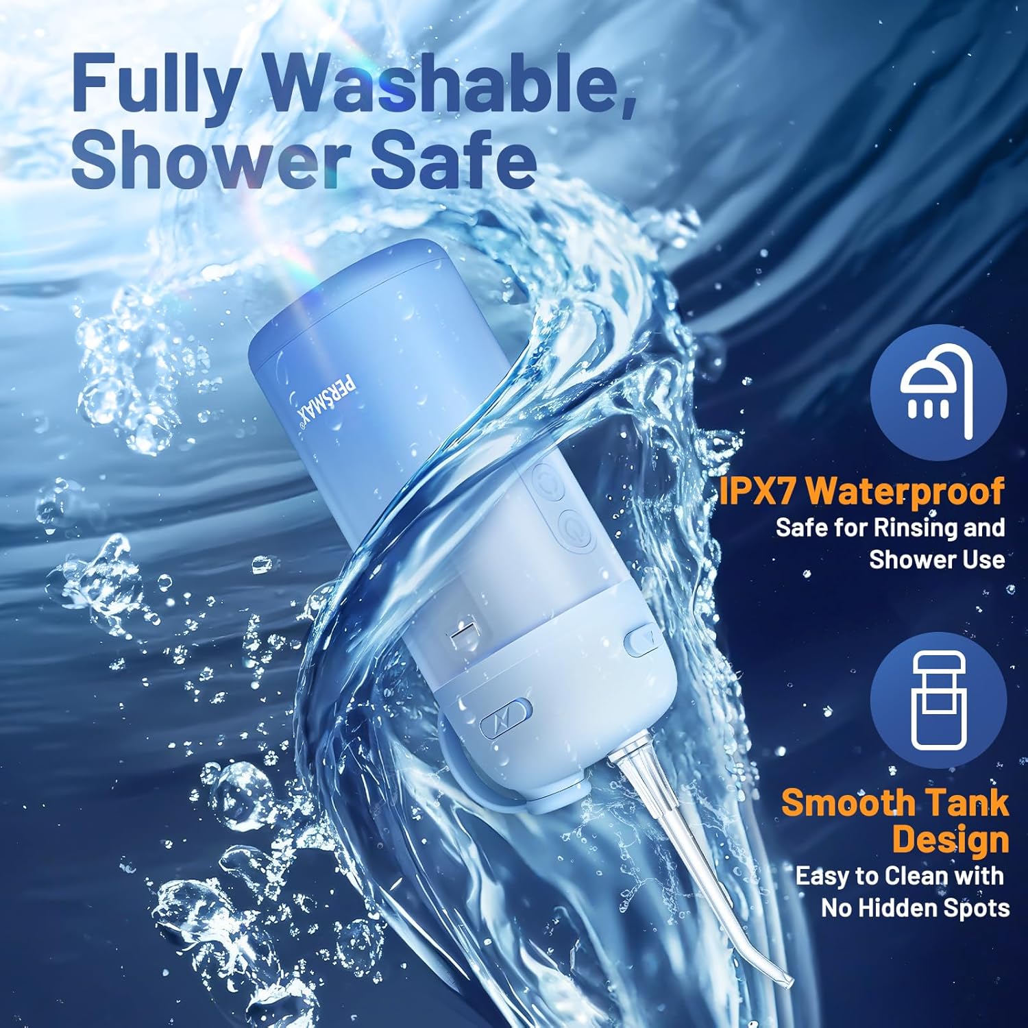 Portable Water Flosser for Teeth Cleaning - Cordless Dental Pick Electric Oral Irrigator for Travel, Kids, with 3 Modes 8 Pressure Settings, 2 Tips, 150ML, Mini Size, IPX7, Gradient Blue