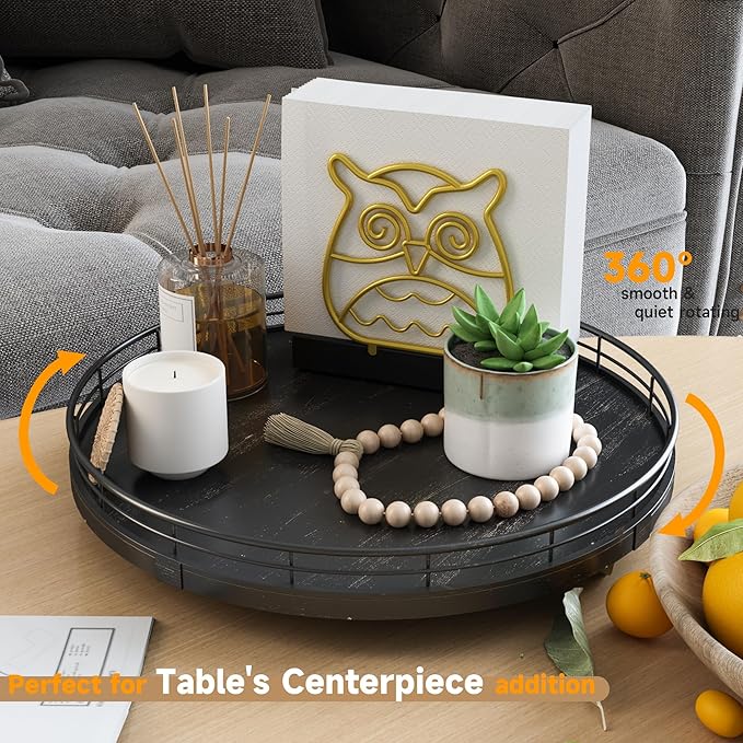 12" Oak Bathroom Vanity Tray Turntable for Perfume Candle, Round Wooden Decorative Tray for Kitchen Sink Countertop Organizer, Bathroom Counter Organizer for Skincare Makeup, Farmhouse Black Gold