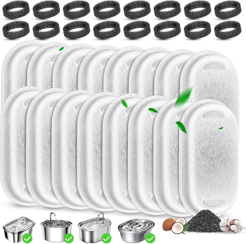Cat Water Fountain Filters Replacement, 16 Pcs Pet Water Fountain Filter with 16 Pcs Foam Sponges for 67oz/2L & 108oz/3.2L Stainless Steel Pet Cat Water Fountain Dispenser Filters