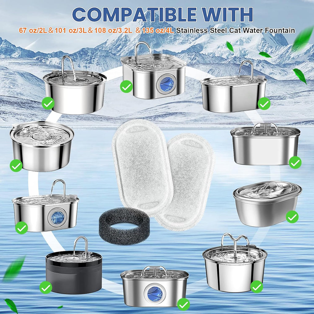 Cat Water Fountain Filter Replacement, 12 Pcs Cat Filters Pet Water Fountain Filter with 12 Pcs Sponges Foam for 67oz/2L & 108oz/3.2L Stainless Steel Automatic Cats Water Fountain Dispenser Filters