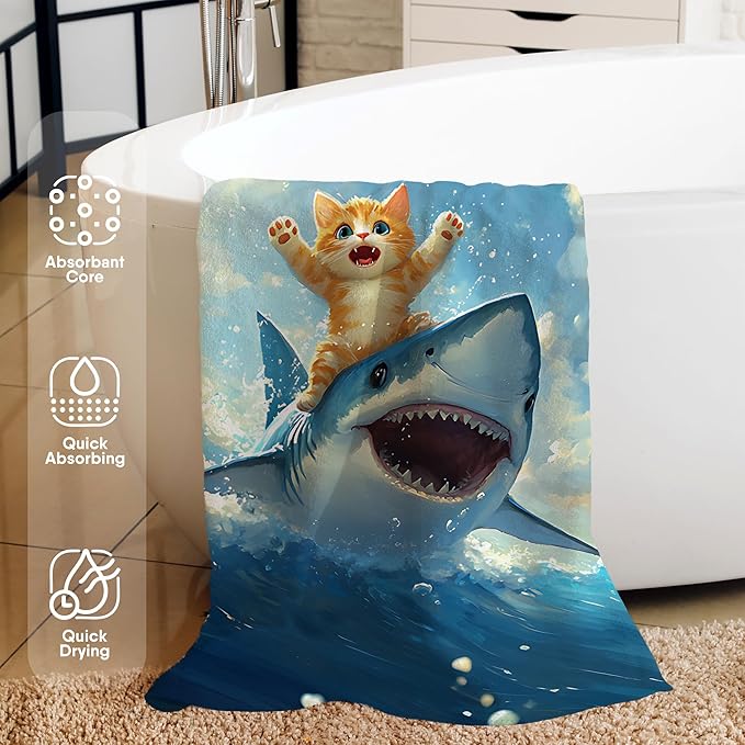 Funny Cat Shark Beach Towel, Coastal Ocean Cats Pool Towels, Cat Shark Lovers Gifts Large Beach Bath Travel Towels for Kids Girls Boys, Funny Cats Sharks Bathroom Accessories Decor, 30x60in