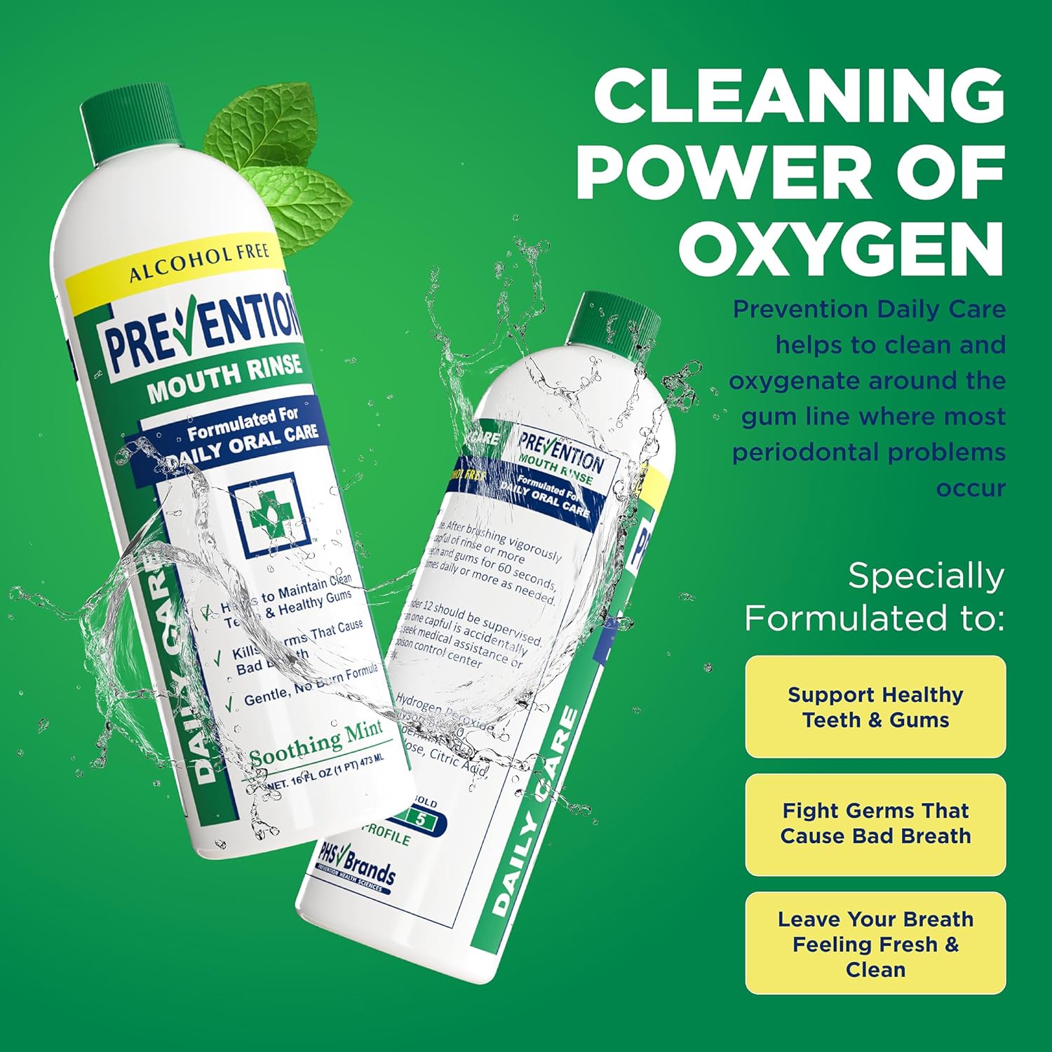 Prevention Daily Care Combo Pack, Alcohol-Free Mouthwash, Hydrogen Peroxide Teeth Whitening, 1 Bottle of Soothing Fresh Mint, 1 Bottle of Double Mint Menthol, Gum Care Oral Mouth Rinse 16 oz 2 Pack.
