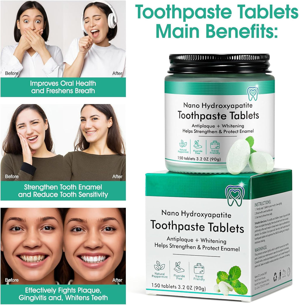 Toothpaste Tablets 150pcs Chewable Whitening - Nano Hydroxyapatite Toothpaste for Sensitive Teeth & Antiplaque -, Natural Peppermint, Fluoride Free - Strengthen & Protect Enamel - Fresh Breath