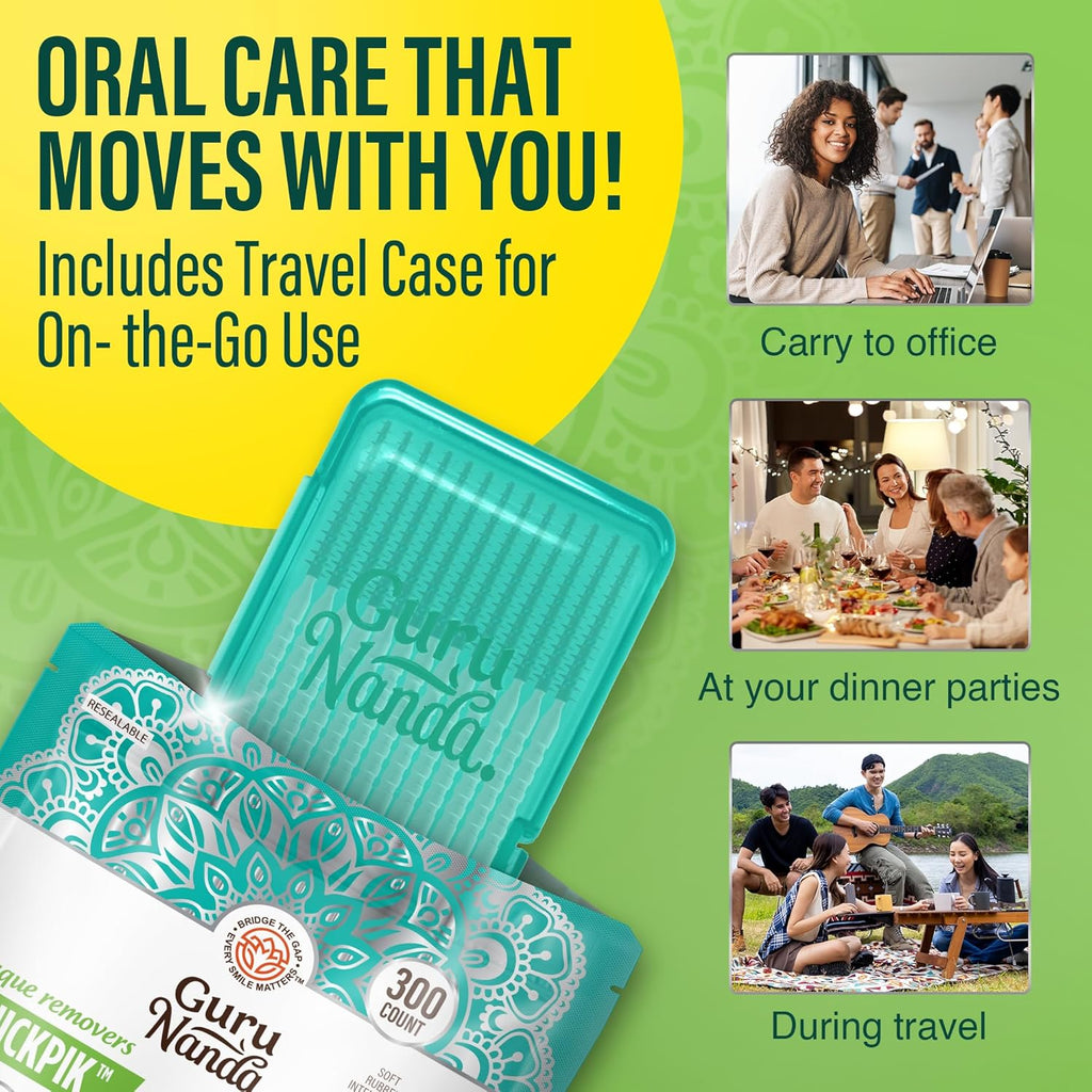 GuruNanda 2-in-1 QuickPik Toothpick & Interdental Pick – Soft Rubber Bristles for Plaque Removal & Improved Oral Care, Comes with a Travel Case for On-The-Go Use, 300 Ct