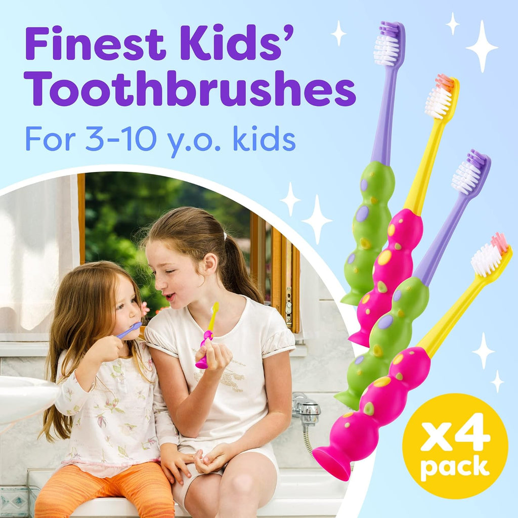Kids Toothbrush 4 Pack - Soft Contoured Bristles - Child Sized Brush Heads (3-10 Year Old) - Suction Cup for Fun & Easy Storage - Girl & Boy Set (Green & Pink)