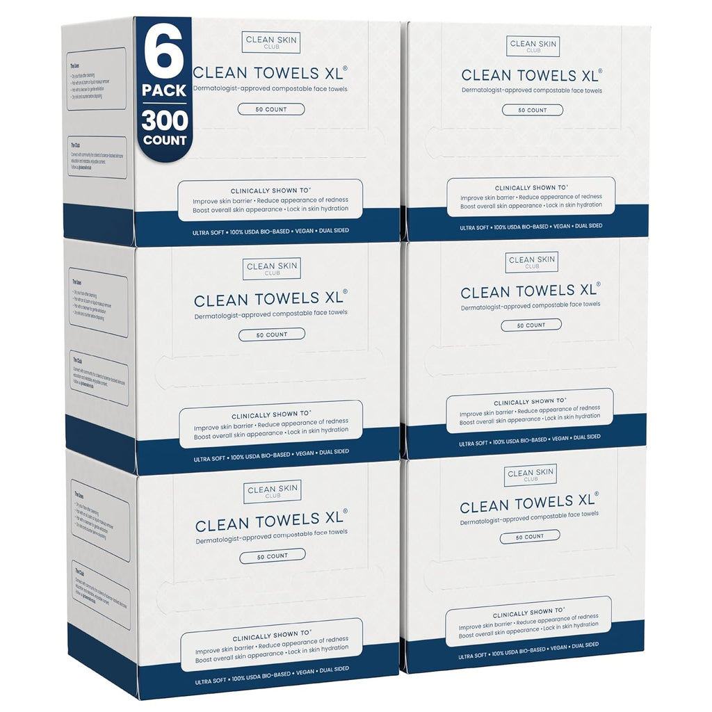 Clean Skin Club Clean Towels XL®, 100% USDA Biobased Face Towel, Disposable Face Towelette, Eczema Association Accepted, Makeup Remover Dry Wipes, Ultra Soft, 50 ct per pack, 6 Packs, 300 Ct Total