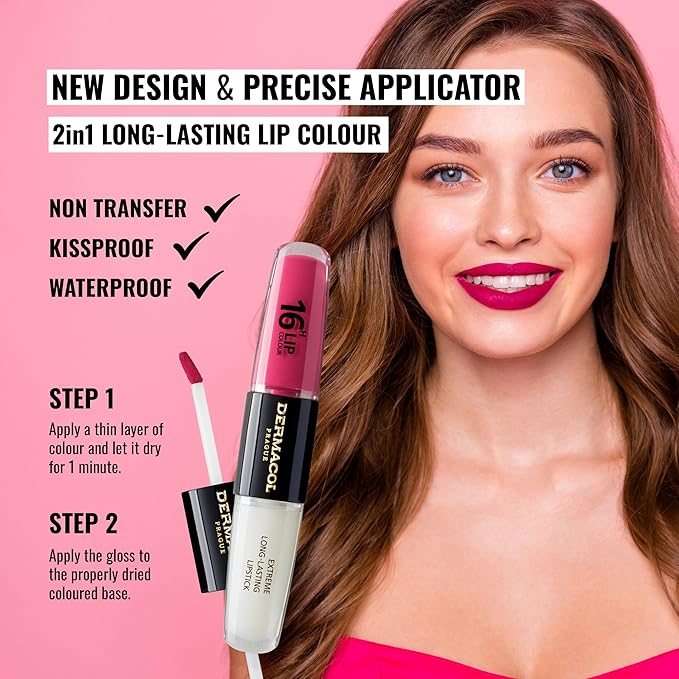 Dermacol NEW 16-Hour Lip Colour, Highly Pigmented Glossy Lip Stain, Two-Phase Lip Plumper Gloss, Kissproof Lip Makeup Products with Matte and Glitter Finish, n.8