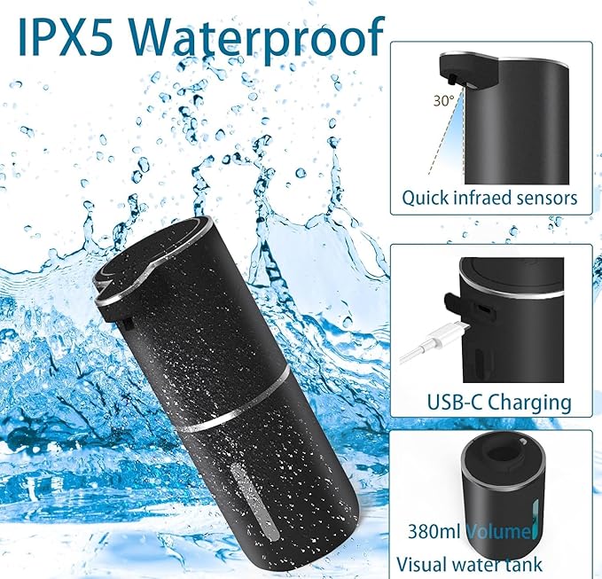 2Pack Automatic Soap Dispenser Touchless Foaming Soap Dispenser USB Rechargeable Dispenser Electric Wall Mounted Dispenser Pump for Bathroom Kitchen Dish Soap(Black)