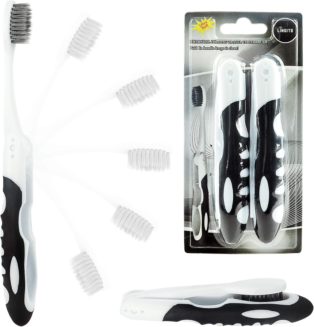 Lingito Travel Charcoal Toothbrush, On The Go Folding Feature, Soft Bristle Brushes (2 Pack)