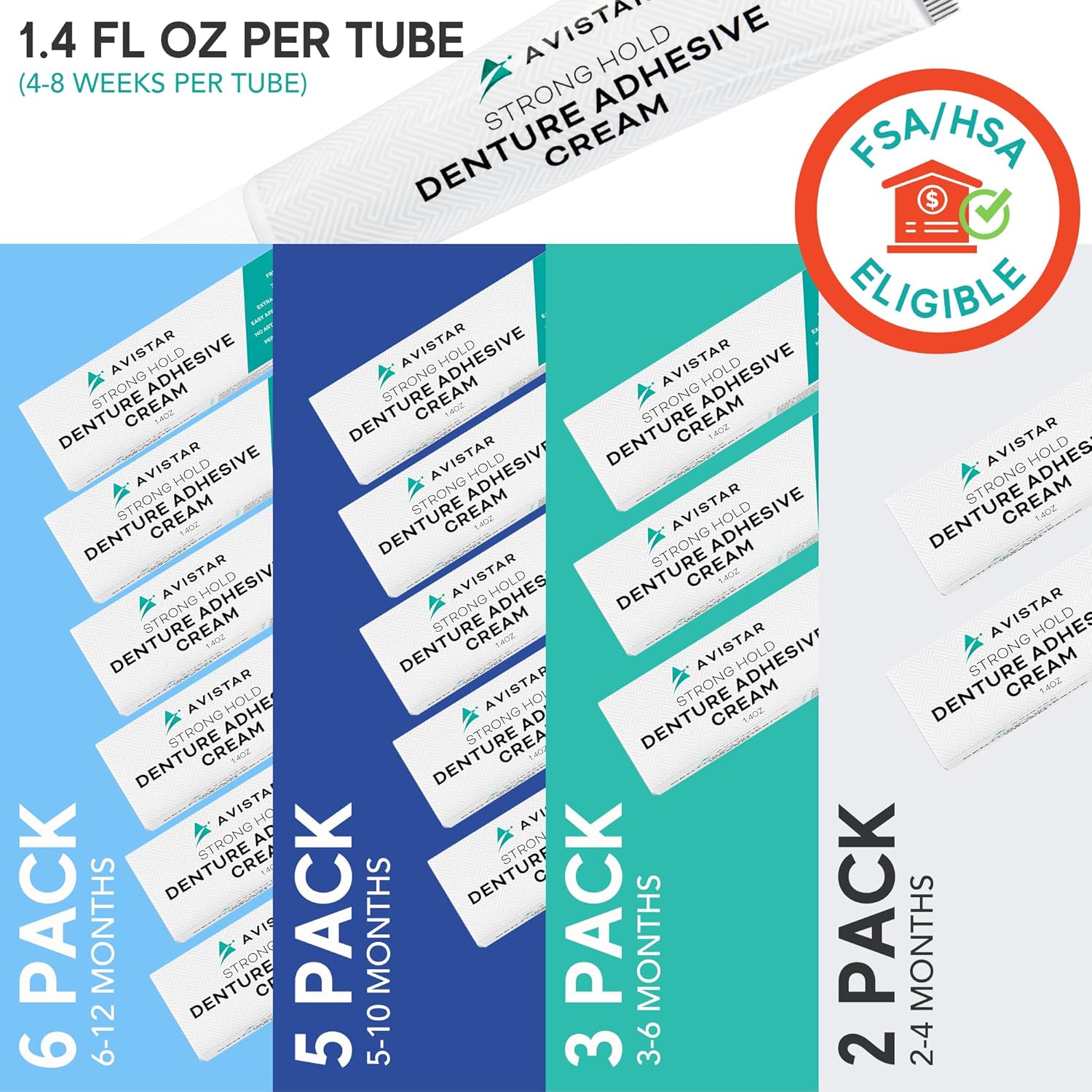 Extra Strong Denture Adhesive Cream, 12 Hour Hold Dental Glue, Waterproof, Zinc & Fluoride Free, Easy Apply Nozzle, Seals Food Out for Comfort, Mint Flavor (6 Pack, 8.4 Fl Oz)