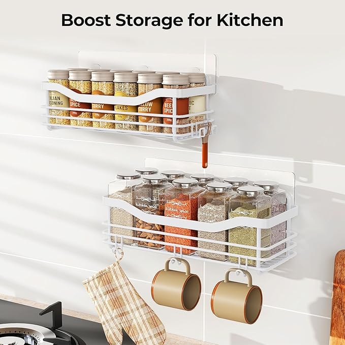 Orimade Shower Caddy Basket Shelf Storage Rack, No Drilling Wall Mounted Adhesive Rust Proof Stainless Steel Shower Organizer with 5 Hooks for Bathroom, White 2 Pack