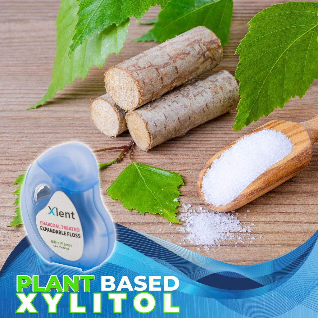 Expandable Floss Treated with Activated Charcoal with Xylitol and Natural Plant Based Wax |Fresh Mint Flavor | 50 Meter (6 Count)