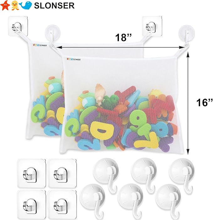 2 x Bath Toy Net, Kids Bath Tub Toy Holder Basket, Corner Mesh Bag, Baby Bathtub Storage Organizer, Large Bathroom Bucket, Toddler Shower Caddy Hanging Bin with 6 Suction Cups, 4 Adhesive Wall Hooks