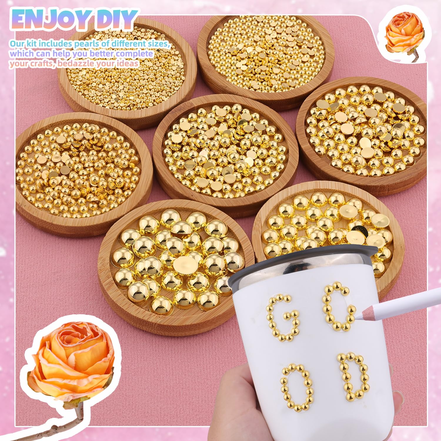13500Pcs Flatback Pearls for Bedazzling (Gold) with 3Pcs B7000 Jewelry Glue, Assorted Size 2/3/4/5/6/8/10mm Half Pearl, Bedazzling Gems for Crafting Clothing Tumbler Shoes Embellishment Nail Art