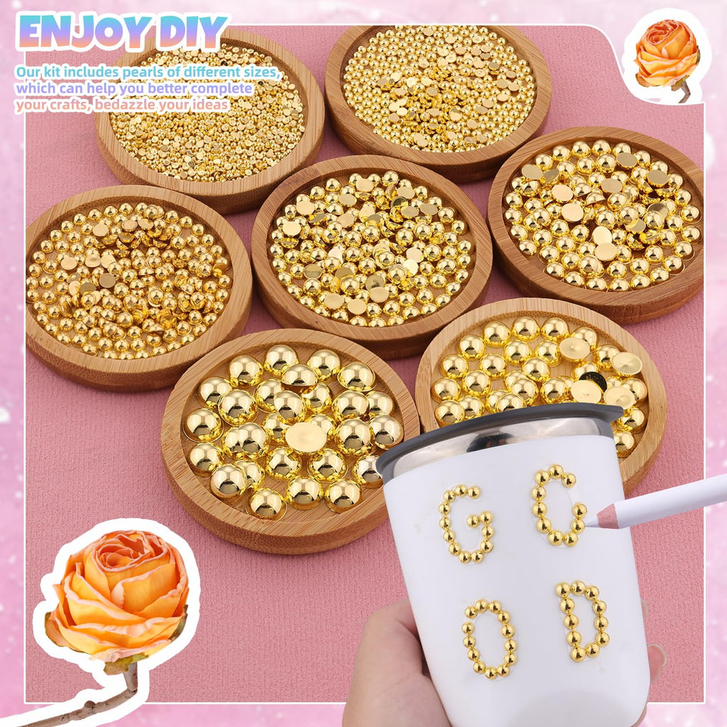 13500Pcs Flatback Pearls for Bedazzling (Gold) with B7000 Jewelry Glue, Assorted Size 2/3/4/5/6/8/10mm Half Pearl, Bedazzling Gems for Crafting Clothing Tumbler Shoes Embellishment Nail Art