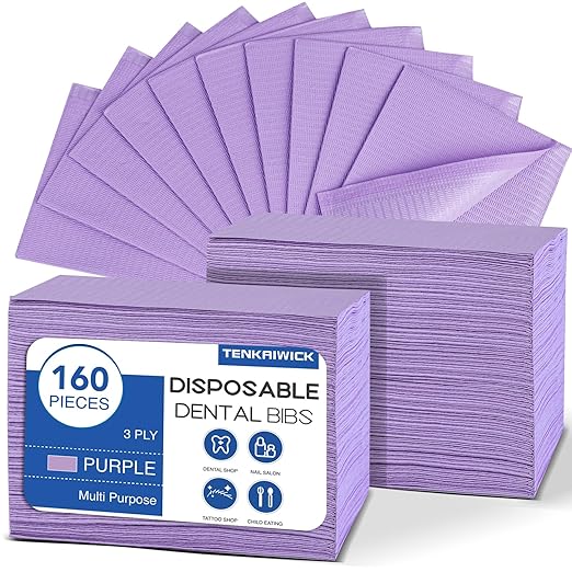160 Pack Disposable Dental Bibs 13"x18"，3-Ply Waterproof Tattoo Bibs Sheet for Nail Salon，Dental Clinic，Feeding，Tattoo Shop (Purple)