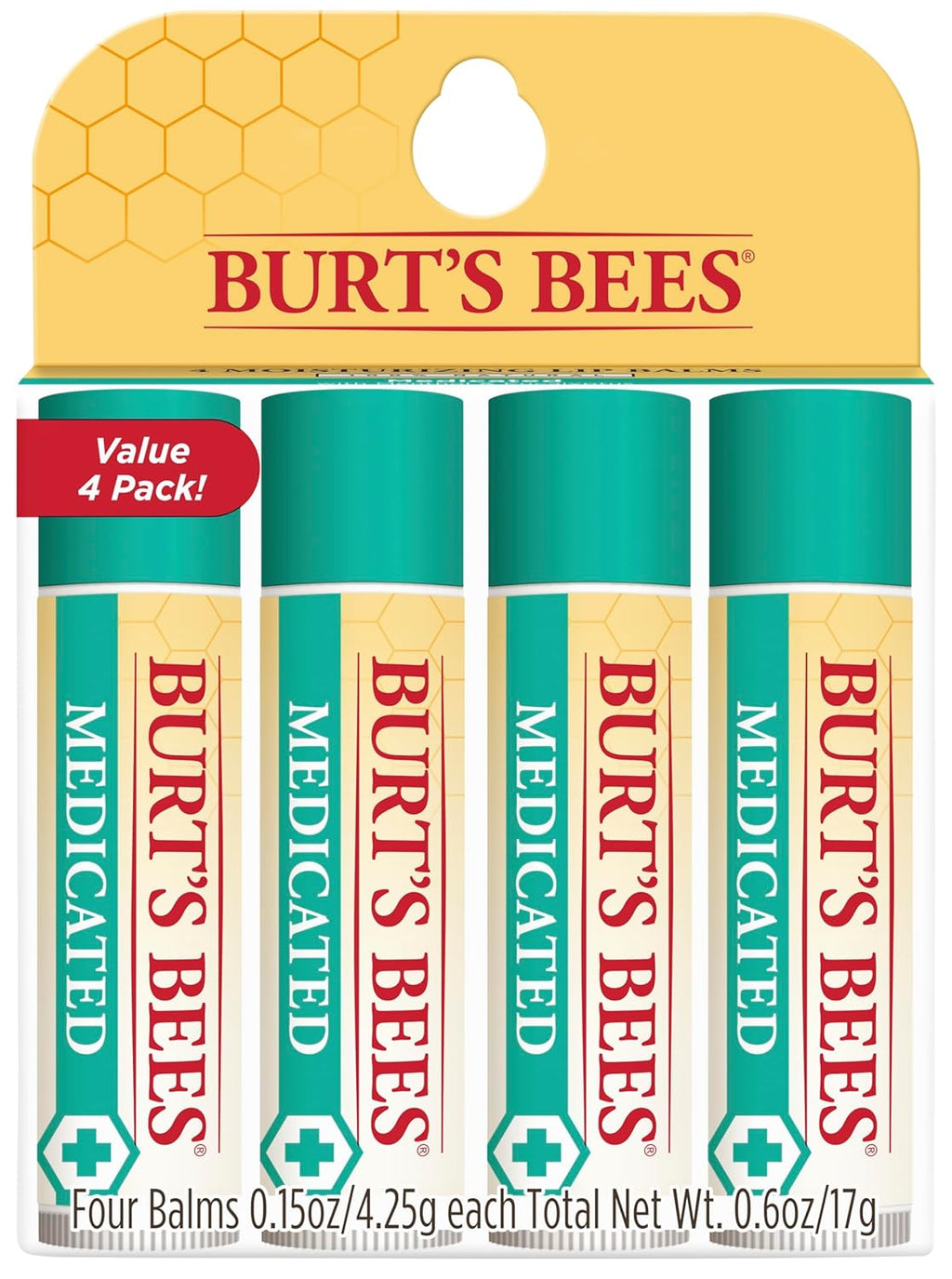 Burt's Bees Lip Balm Stocking Stuffers, Moisturizing Lip Care Christmas Gifts, for Dry Chapped Lips, Medicated with Menthol & Eucalyptus, Natural Origin Lip Care (4-Pack)