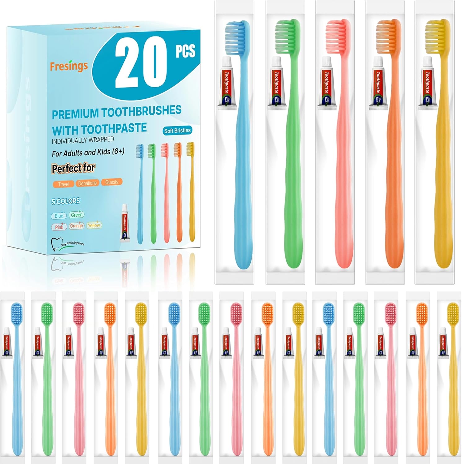 20 Pack Disposable Toothbrushes with Toothpaste, Individually Wrapped Soft Bristle Travel Toothbrush Bulk, Hotel Guest Amenities, Mint 3g Toothpaste Set for Camping, Donation & Oral Care Kit