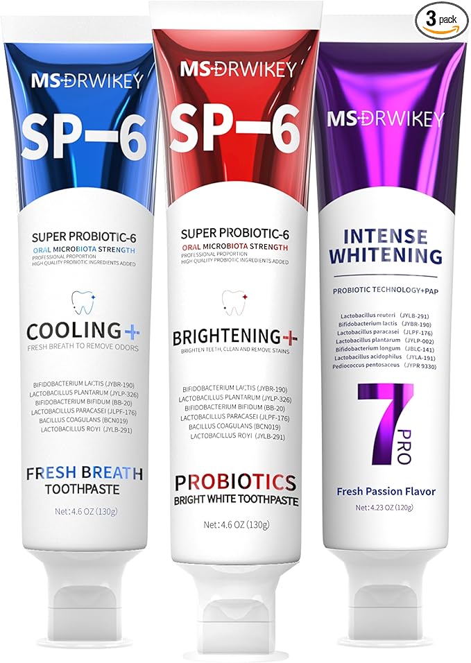 SP-6 Toothpaste, Cooling Fresh Breath, and Popping 7-Pro Whitening Toothpaste Bundle | 6 Probiotics for Oral Health, Fluoride-Free, Safe for Enamel, Deep Whitening & Freshness