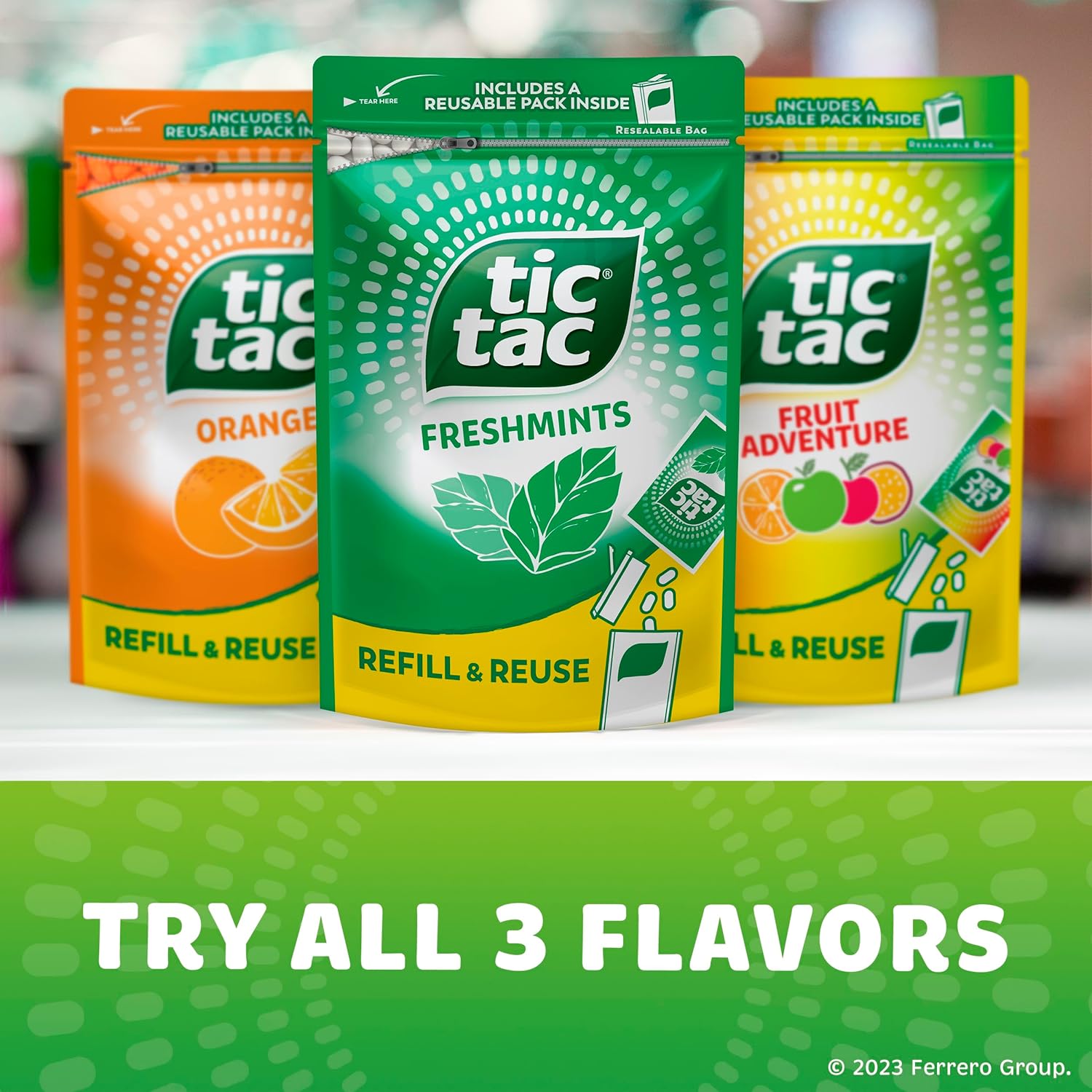 Tic Tac Bulk Resealable Refill Bag, Freshmint Breath Mints, On-The-Go Refreshment, Includes Empty Refillable Pack, 17.2 oz