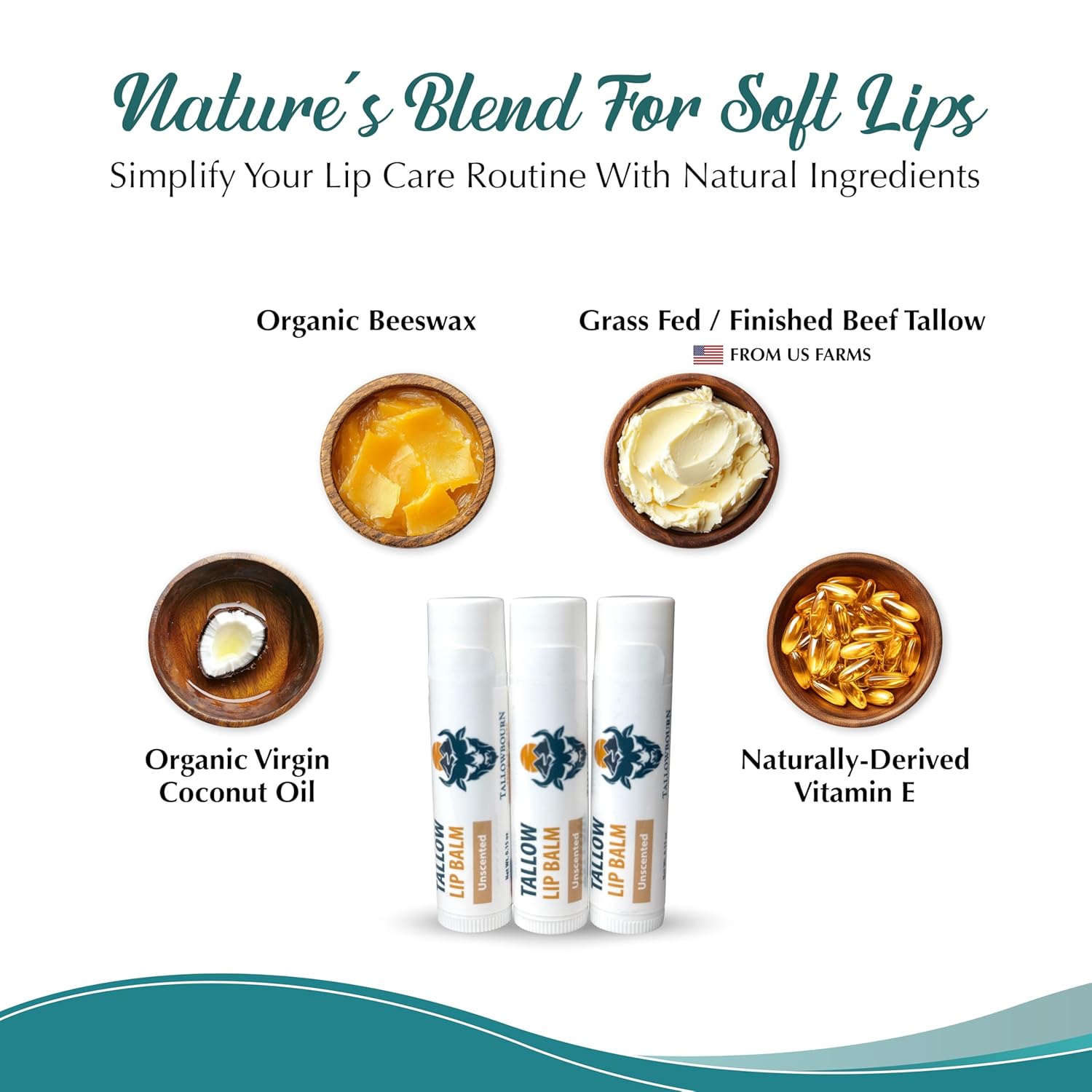 Moisturizing Tallow Lip Balm – Grass-Fed Beef Tallow with Organic Coconut Oil, Beeswax, and Vitamin E – Unscented Lip Balm Set – Travel Essential - 3-Pack