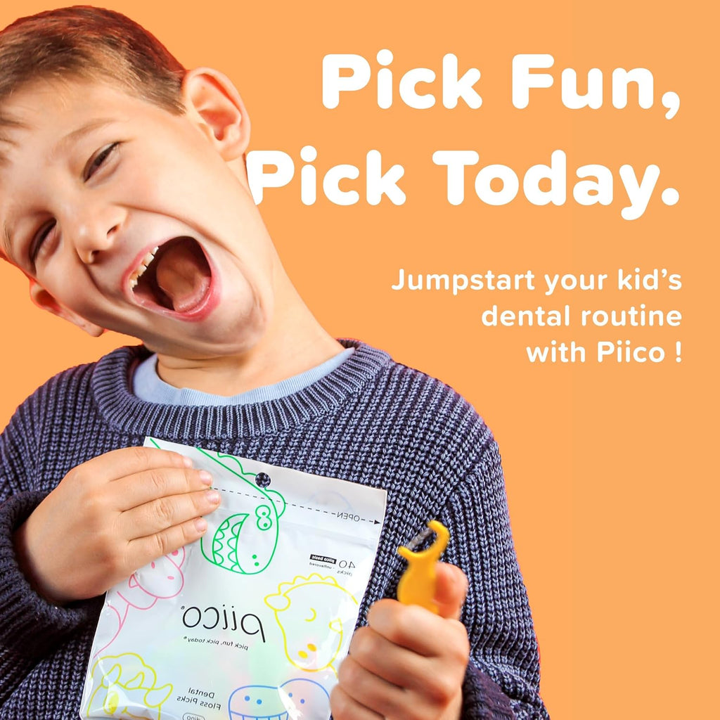 Piico No Flavor Kids Floss - No Fluoride Dual Line Dental Floss Picks - Fun Oral Care in Colorful Floss Sticks Design - Kids Flossers Prevent Tooth Decay & Gum Disease - 150 Homebox Dino & Travel Case