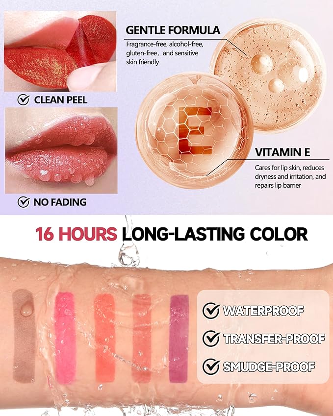 Peel Off Lip Liner Stain, Long Lasting Waterproof Transfer-Proof Lip Tint Stain Peel Off, Non-stick High Pigmented Lip Gloss Lipliner Tattoo, Liquid Tinted Lipstick, Lip Makeup Gift for Women Girl-02