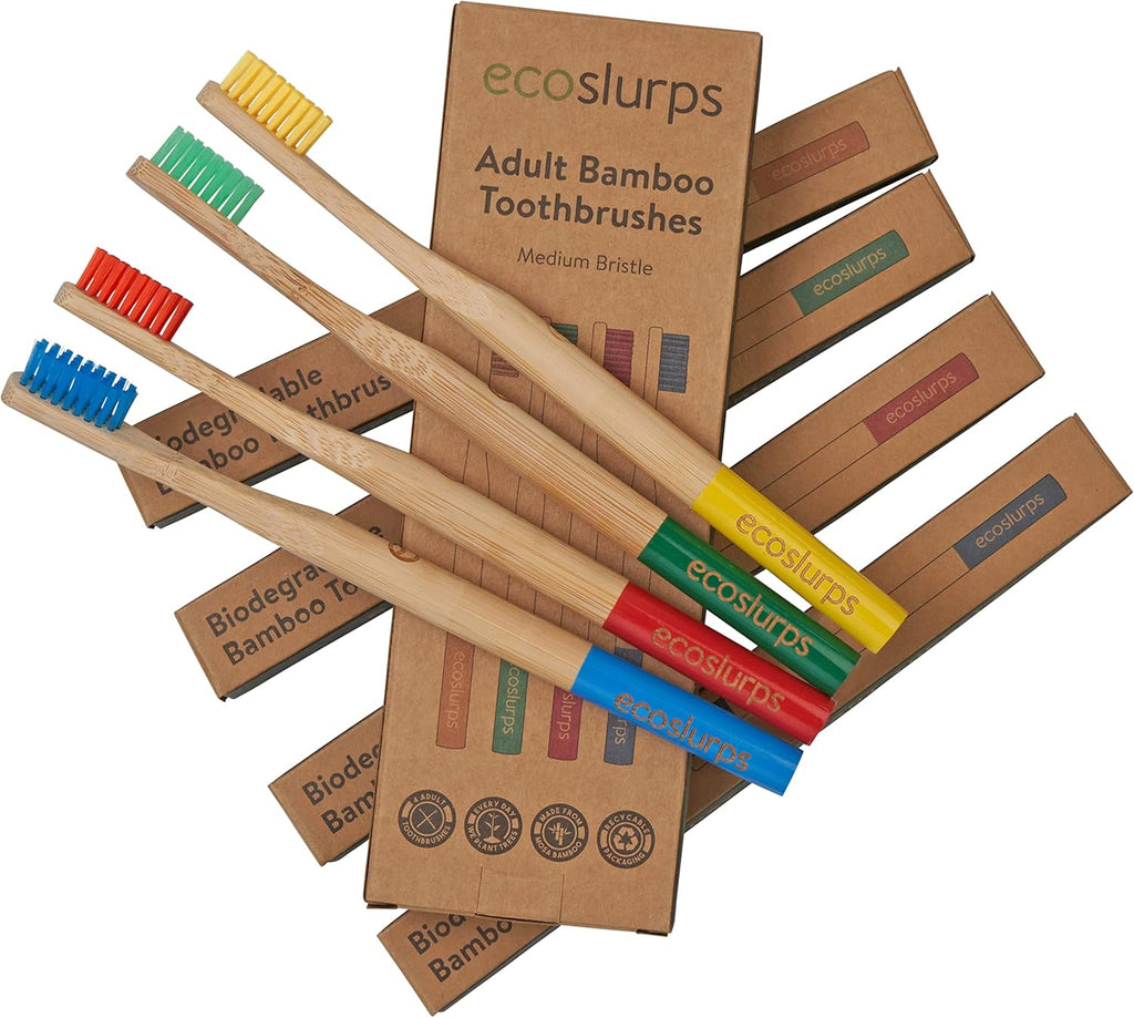 EcoSlurps 4 Bamboo Toothbrushes Multipack - Award Winning Medium Bristle Biodegradable Bamboo Toothbrush Pack (4 Adult Medium, Multi-Colored)