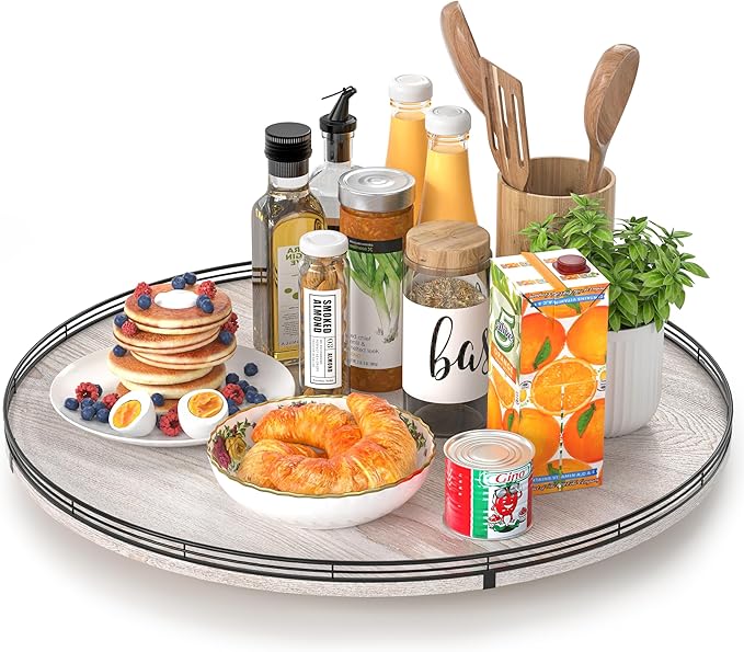 24" Lazy Susan Wood Turntable Organizer for Kitchen Decor, Farmhouse Round Wooden Larger Lazy Susan Organization and Storage for Cabinet, Dining Table, Bathroom, Countertop, Centerpiece,Whitewashed