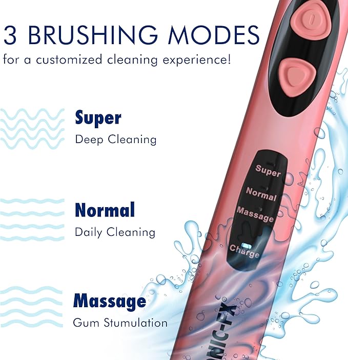Sonic-FX Solo Electric Toothbrush w/ 10 Brush Heads + 1 Interdental, Charcoal Bristles, Rechargeable, Charging/Storage Base, 3 Brush Modes, Smart Timer, 2 Months Use on Full Charge, Coral Color