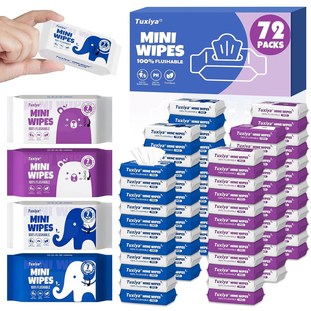 72 PackTravel Flushable Wipes with Aloe & Vitamin E,Impossibly Compact 7 Wipe Per Pack Mini Travel Adult Wet Wipe,Hypoallergenic & Fragrance-Free Skin-Friendly Flushable Wet Wipe (504 Total Wipes)