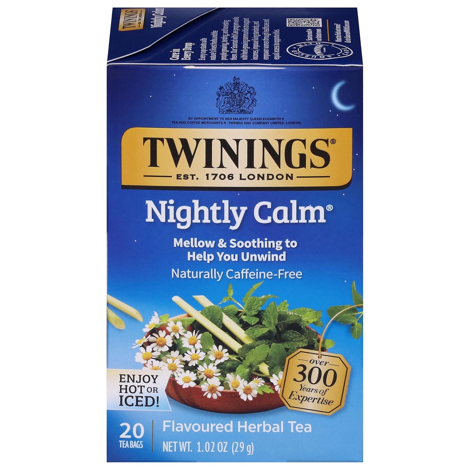 Twinings Nightly Calm Herbal Tea Individually Wrapped Bags, 20 Count (Pack of 1), Spearmint & Lemongrass, Naturally Caffeine-Free, Enjoy Hot or Iced, 20 Teabags