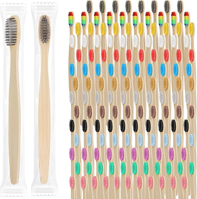 140 Pcs Bamboo Toothbrushes Wooden Individually Wrapped Colorful Toothbrushes Bulk for Adults Hotels Inns Home Use Travel Business Trips, 14 Colors