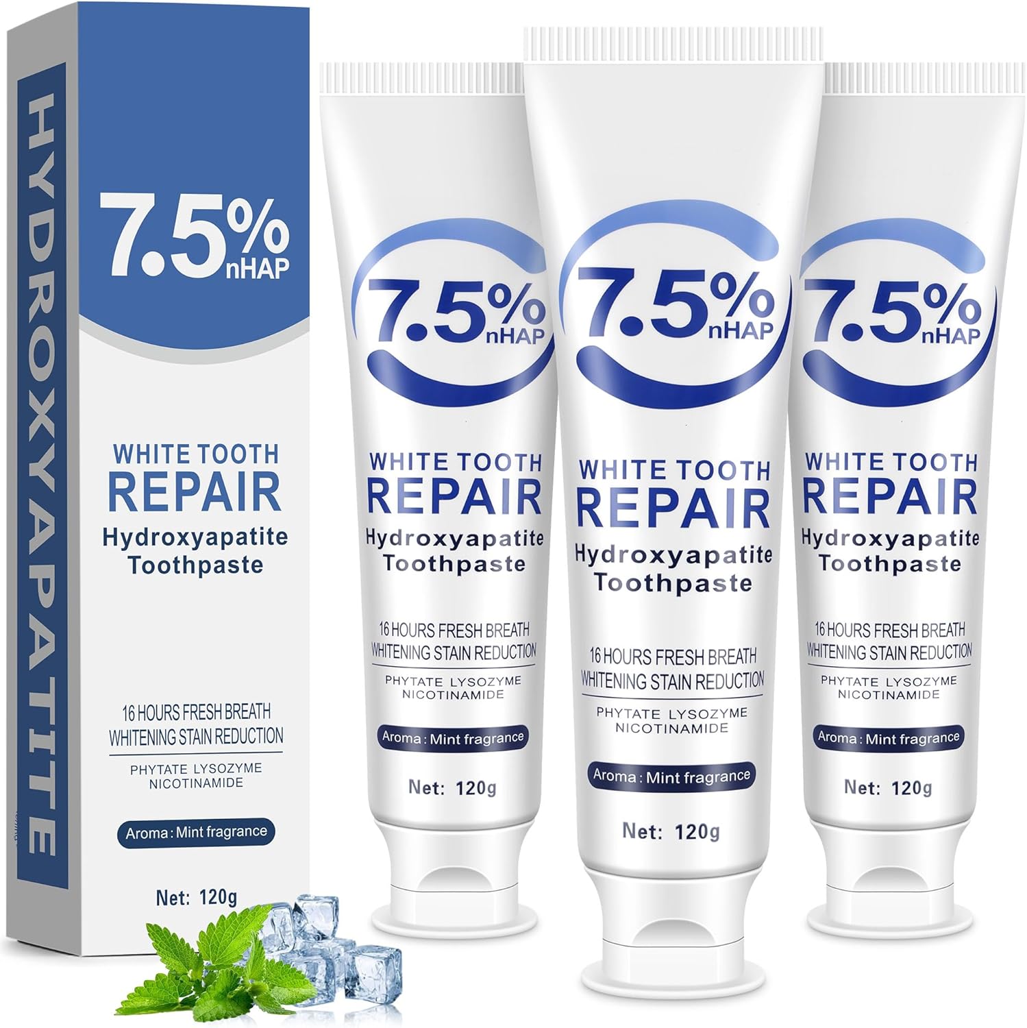 7.5% Hydroxyapatite Toothpaste-Enamel Protection and Tooth Strengthening, Fluoride-Free Safe, Nano Hydroxyapatite Toothpaste Stain Removal, Whitening Tooth, Gentle Mint, Fresh Breath 3pcs