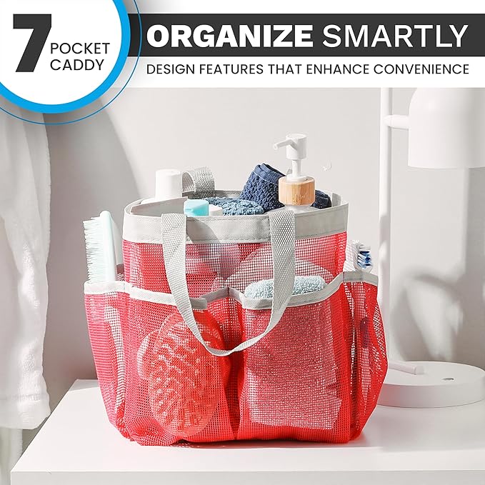 Handy Laundry Mesh Shower Caddy - 7 Pocket Portable Bathroom Organizer Tote for Travel, Gym & Dorm - Collapsible Small Shower Caddy Bag to Hold Toiletries & Essentials (Pink)