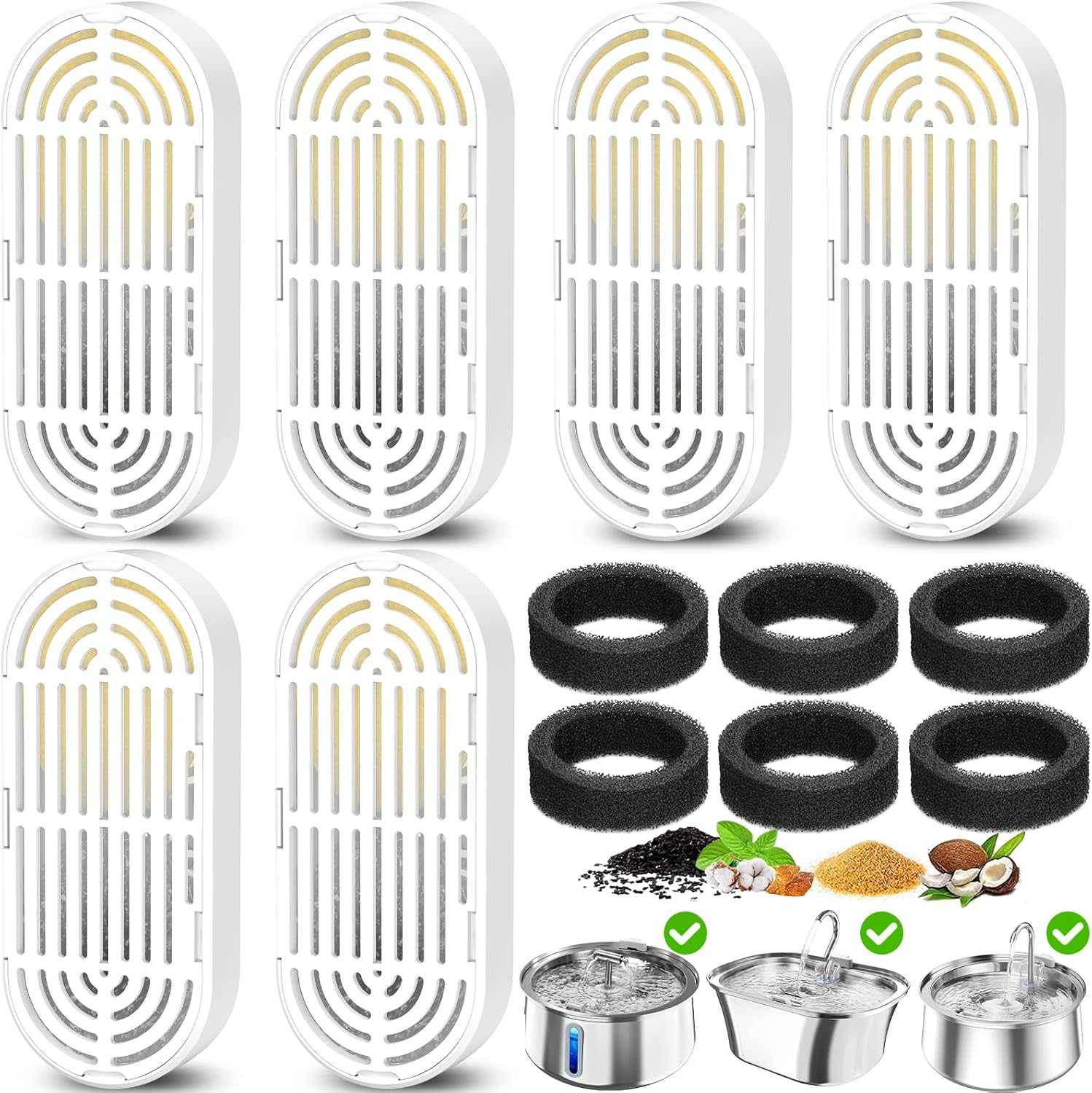Cat Water Fountain Filters for 108/3.2L& 4L/134oz Stainless Steel Pet Water Dispenser Fountain Filters (6 Filters& 6Sponges) (6 Filters& 6 Sponges)