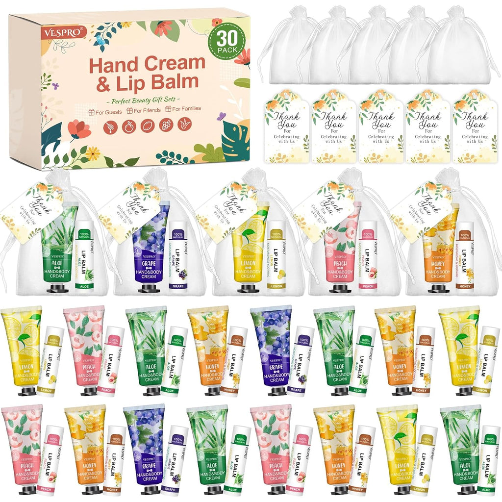30 Sets Bulk Hand Cream and Bulk Lip Balm Gifts, Stocking Stuffers for Women, Wedding Favors for Guests with Thank You Card and Organza Bags, Christmas Gifts, Employee Appreciation Gifts