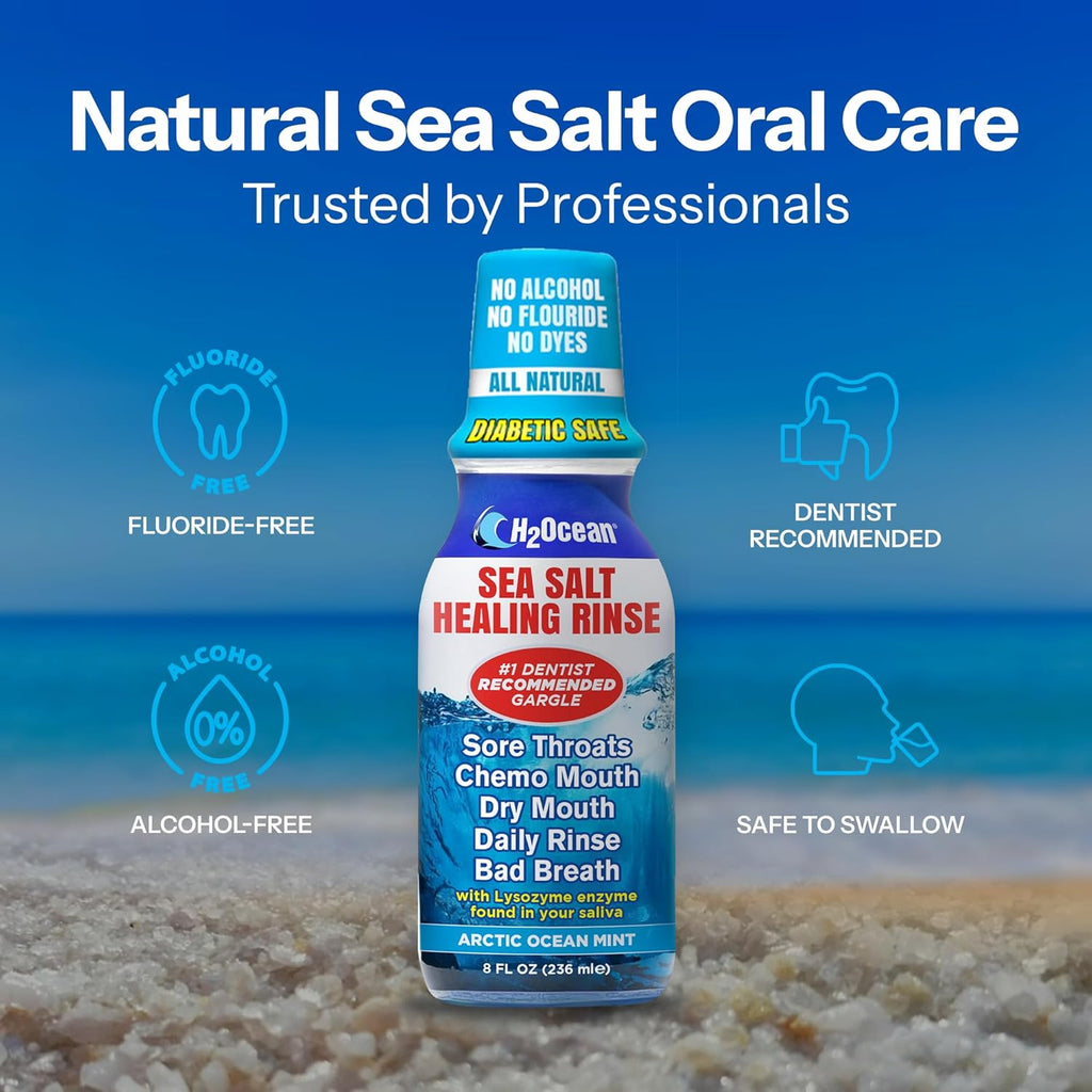 H2Ocean Healing Rinse Mouthwash- Great Tasting Sea Salt & Xylitol Mouth Wash for Fresh Breath & Dry Mouth - Alcohol & Fluoride Free - Arctic Ocean Mint 8oz