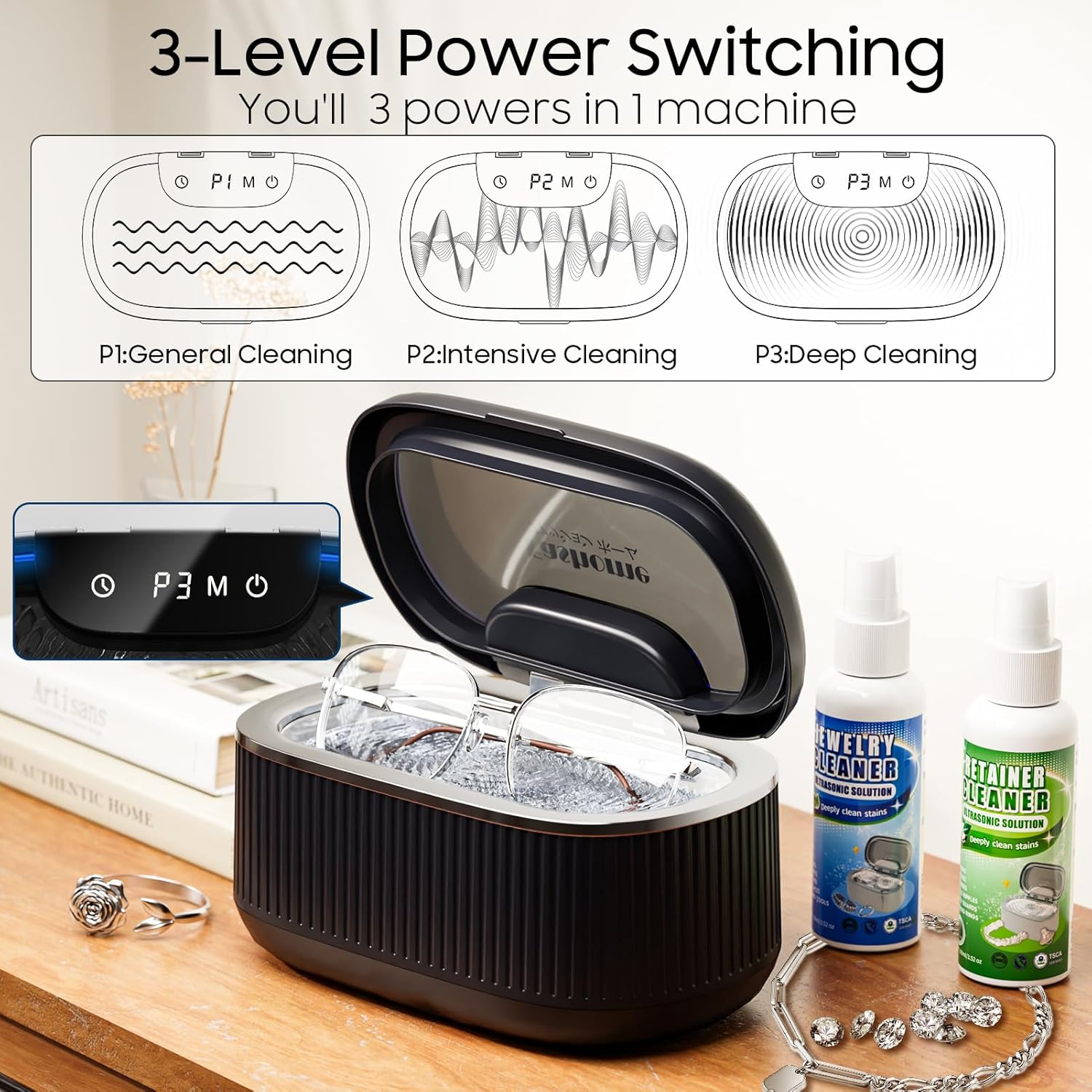 Ultrasonic Cleaner Set with Basket & Light, 304 Stainless Steel Tank, Includes 2×100ml Cleaning Solutions for Silver, Gold, Diamond Rings, Retainers, Glasses, Dentures & Watches