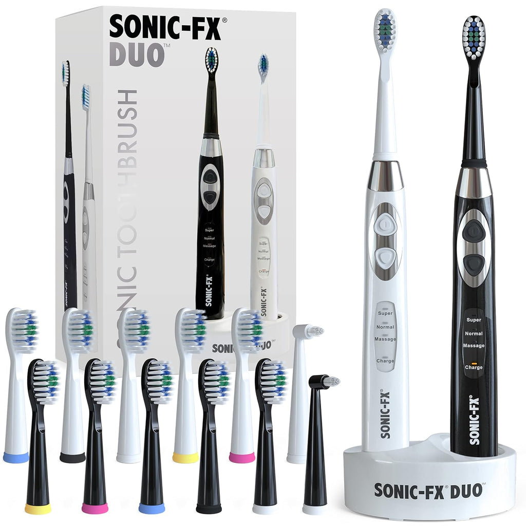 Sonic-FX Duo Rechargeable Electric Toothbrush Set - with 14 Brush Heads, 3 Modes, Smart Auto-Timer, Charging Dock Holder - Dual Handle Electric Tooth Brush for Adults & Kids, Black and White