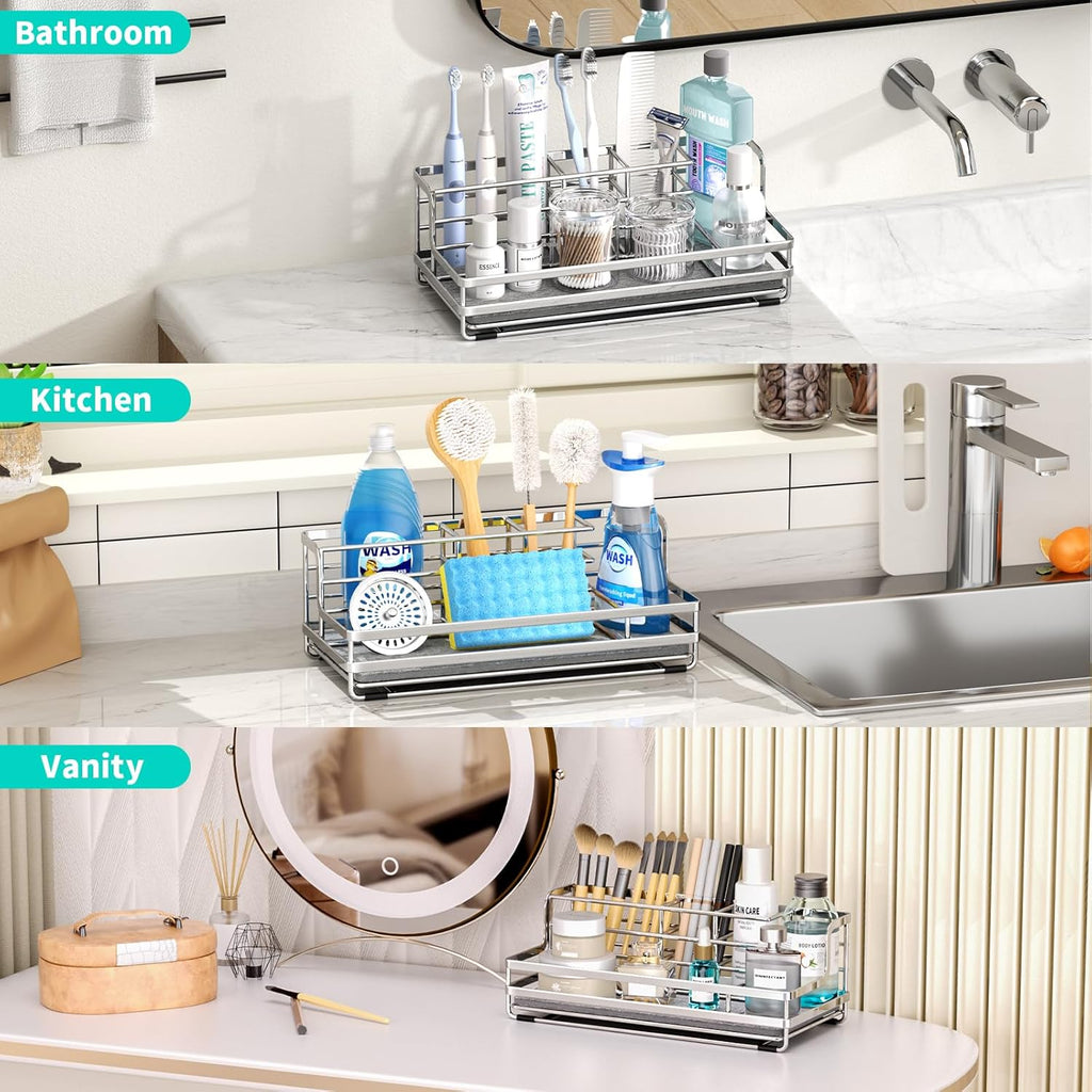 HapiRm Toothbrush Holders for Bathroom - 5 Partitions Bathroom Counter Organizer with Instant Drying Stone, Stainless Steel Countertop Storage Electric Toothbrush Toothpaste Holder - Silver