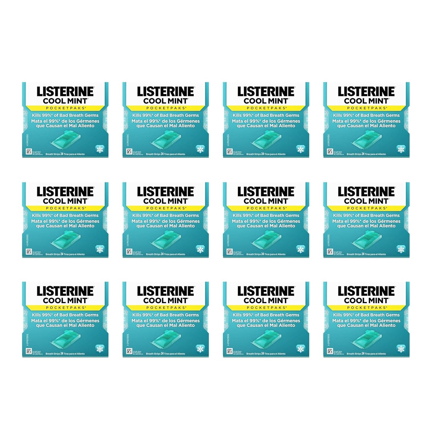 Listerine Cool Mint PocketPaks Portable Breath Strips for Bad Breath, Fresh Breath Strips Dissolve Instantly to Kill 99% of Bad Breath Germs* On-The-Go, Cool Mint, 12 Pack